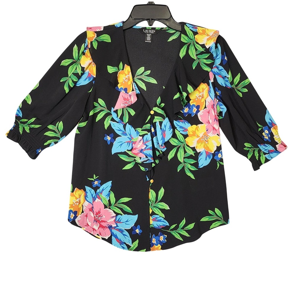 Lauren Ralph Lauren Floral Blouse Black Ruffle V-Neck XS Tropical Boho Vacation